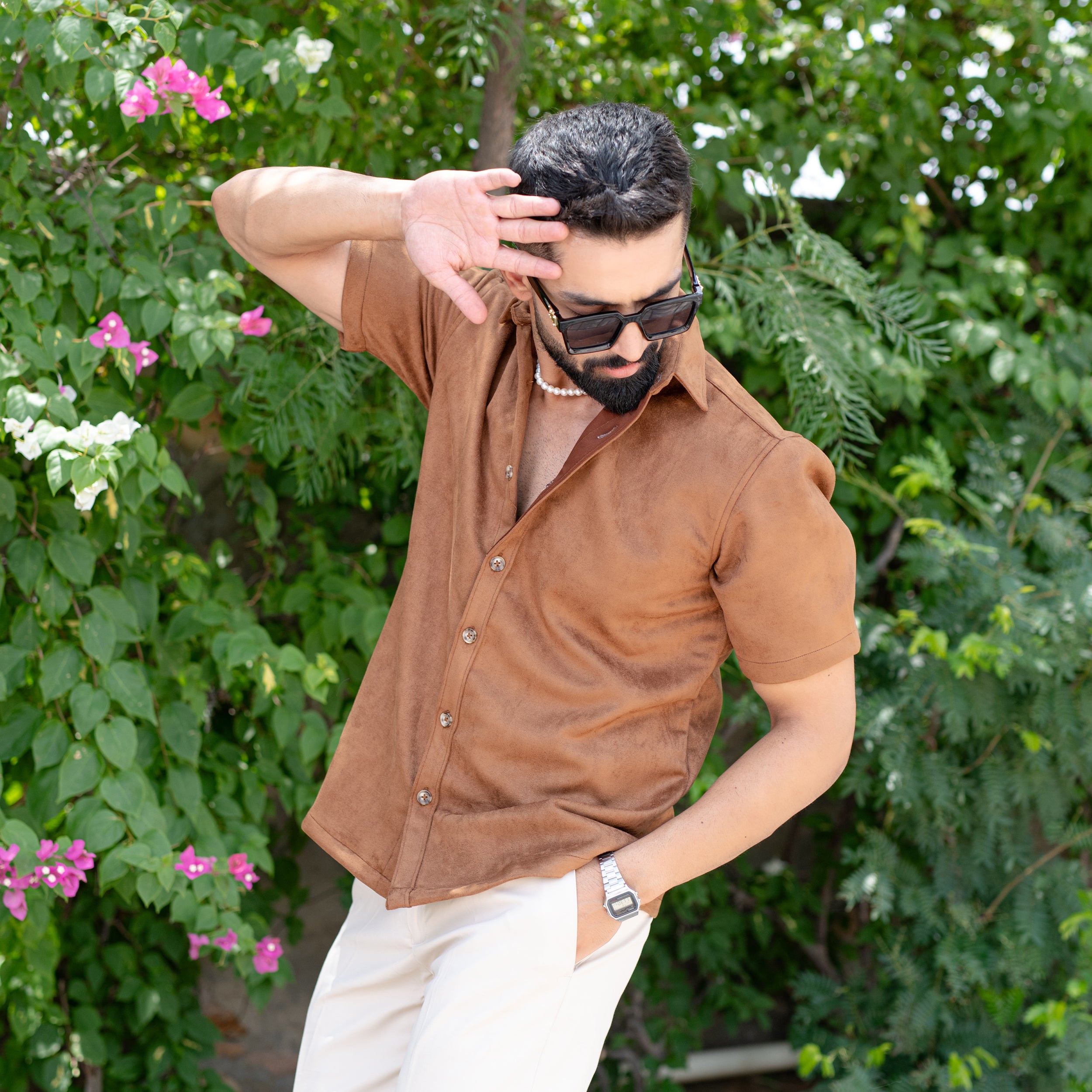 Brown Suede Oversize half sleeves shirt