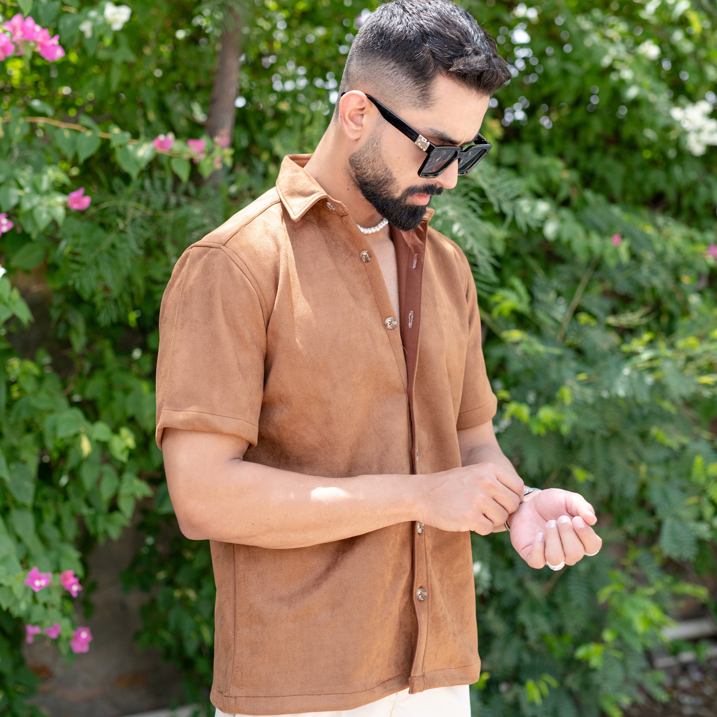 Brown Suede Oversize half sleeves shirt