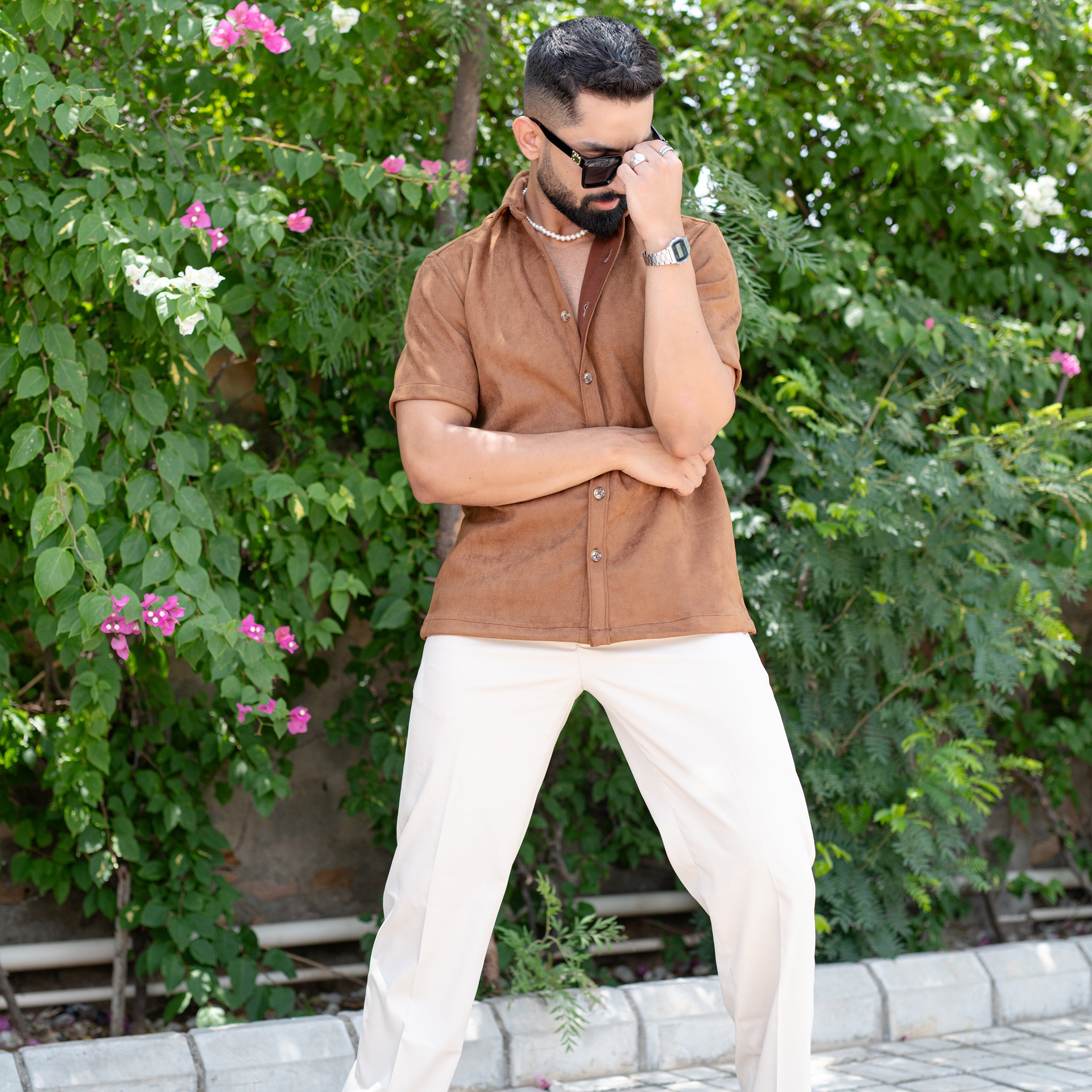 Brown Suede Oversize half sleeves shirt