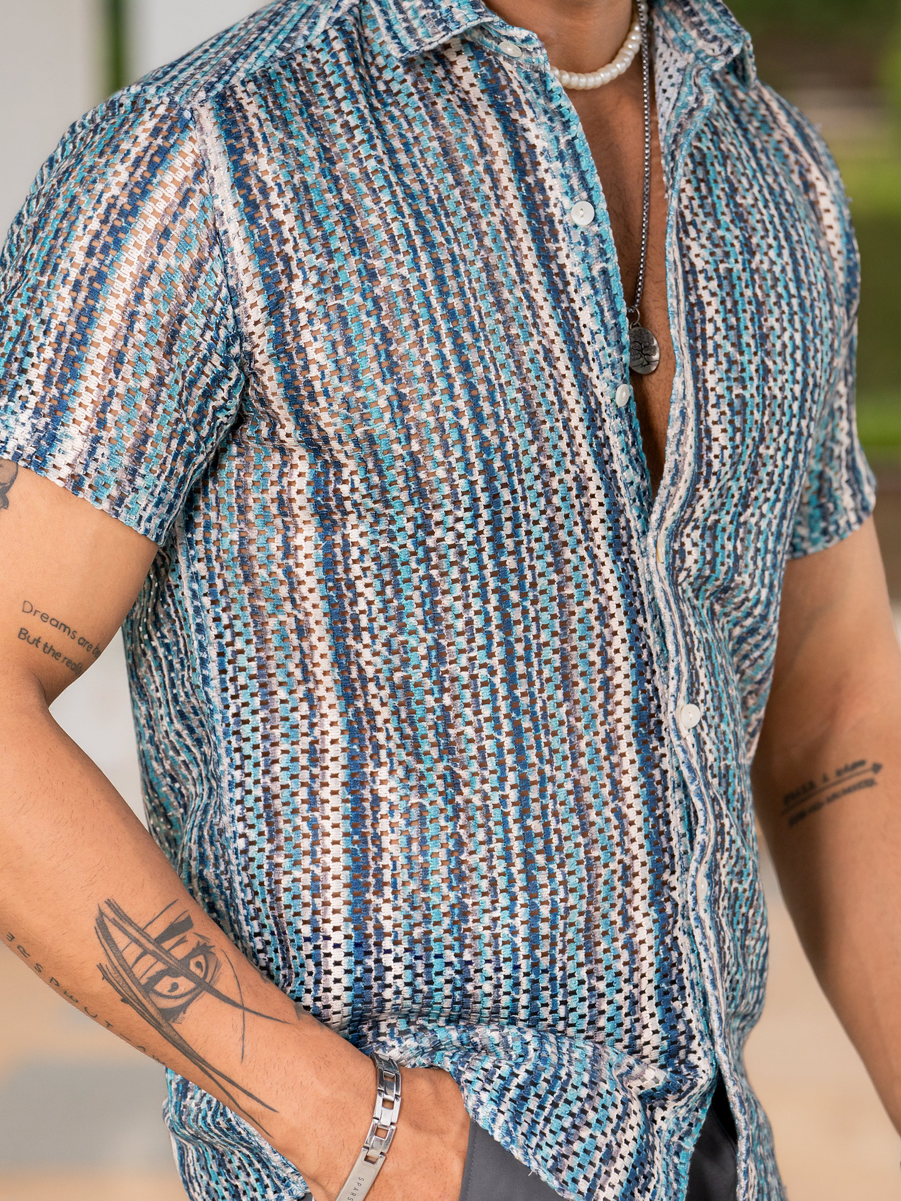 Teal Blue Tinted Half Sleeve Crochet Shirt