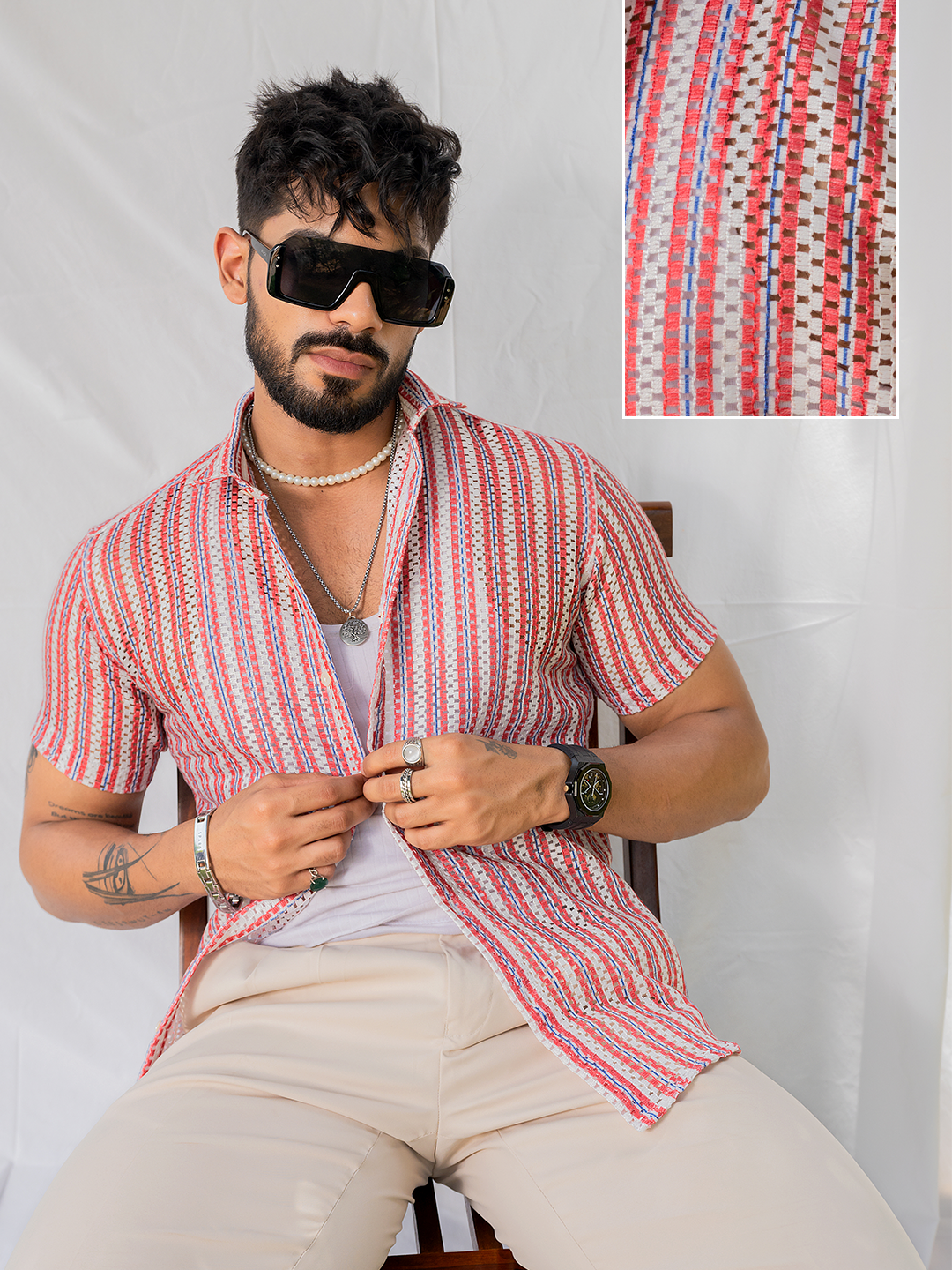 Red White Half Sleeve Crochet Shirt