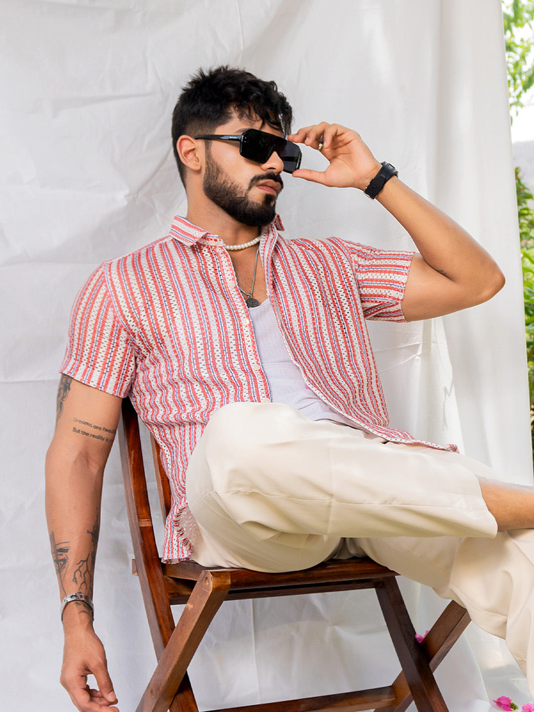 Red White Half Sleeve Crochet Shirt