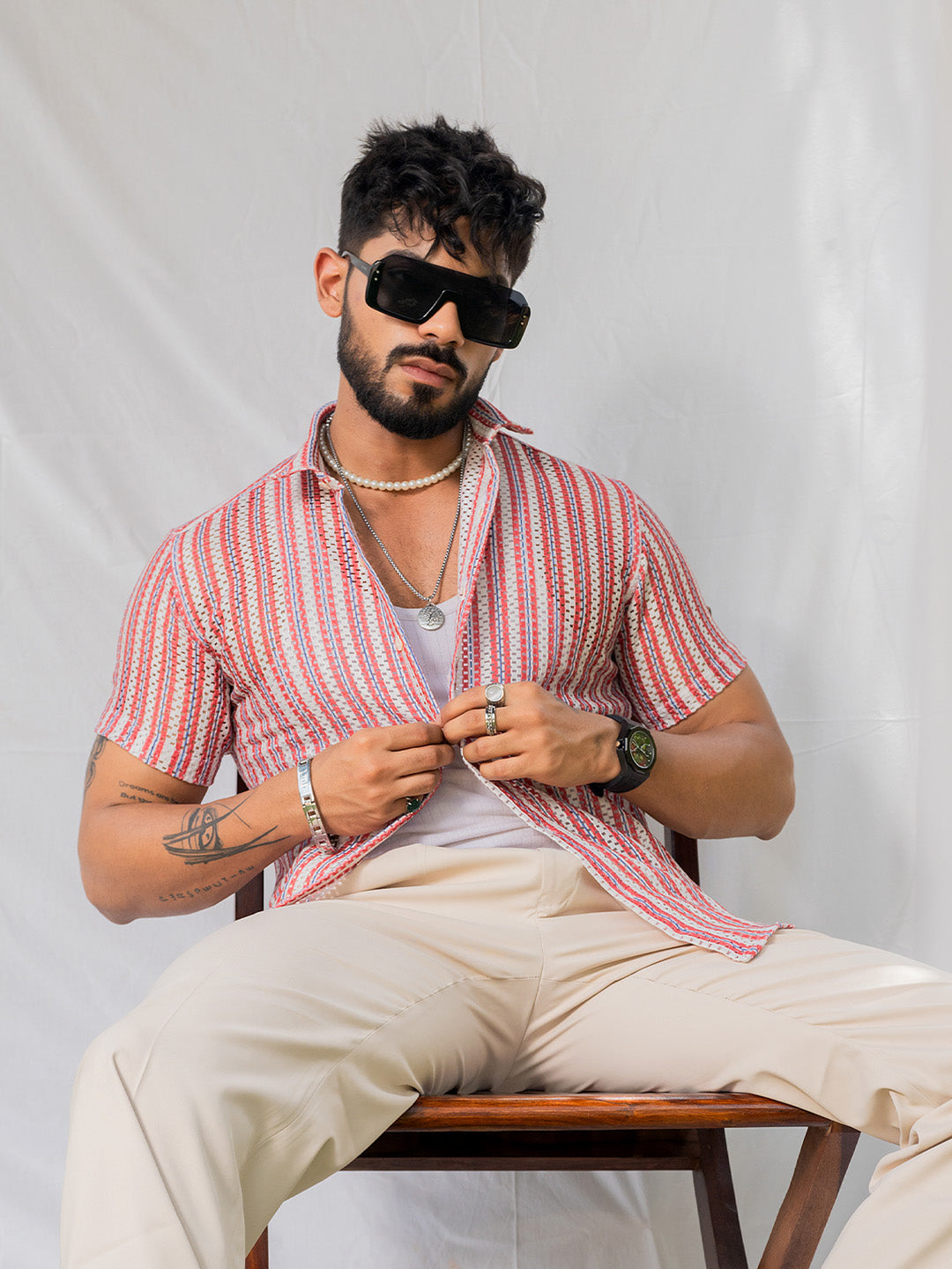 Red White Half Sleeve Crochet Shirt