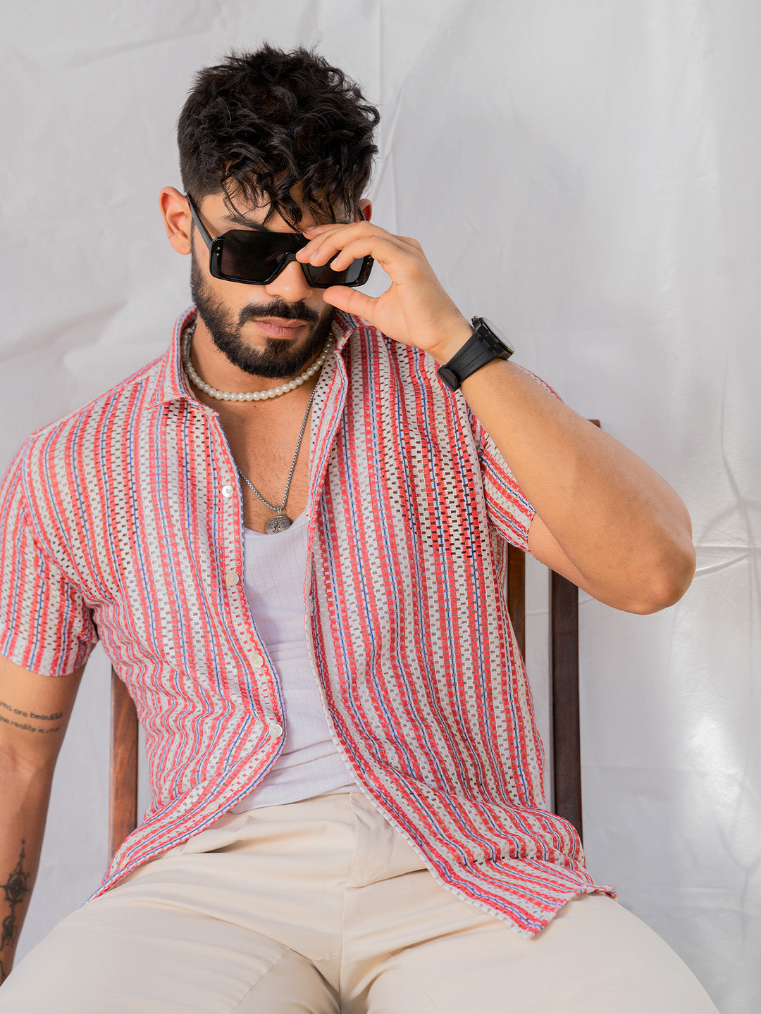 Red White Half Sleeve Crochet Shirt