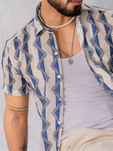 White Blue Zig Zag Half Sleeve Crochet Shirt