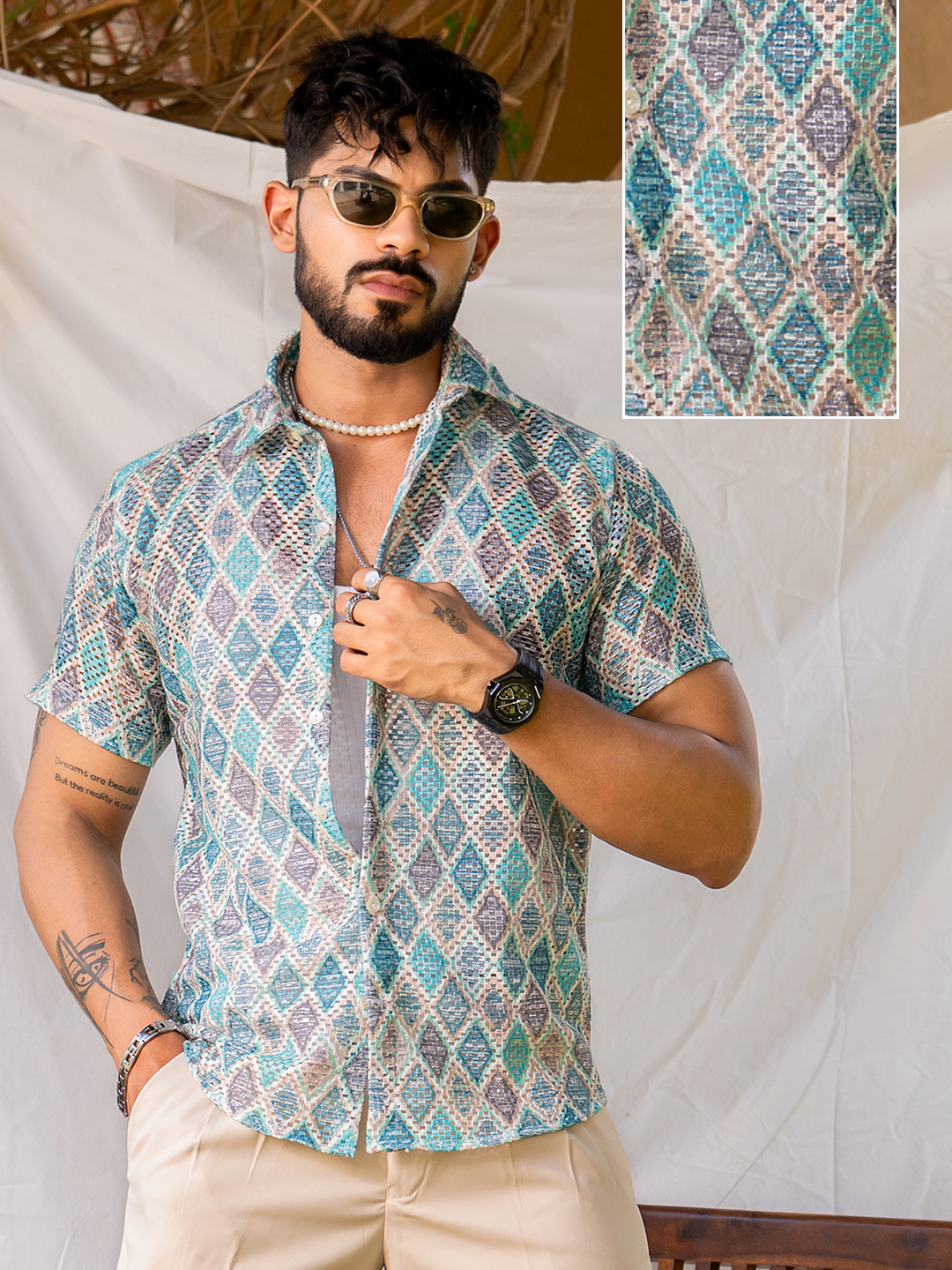 Blue Green Cross Print Half Sleeve Crochet Shirt