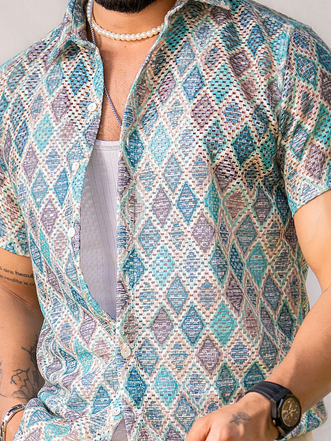 Blue Green Cross Print Half Sleeve Crochet Shirt