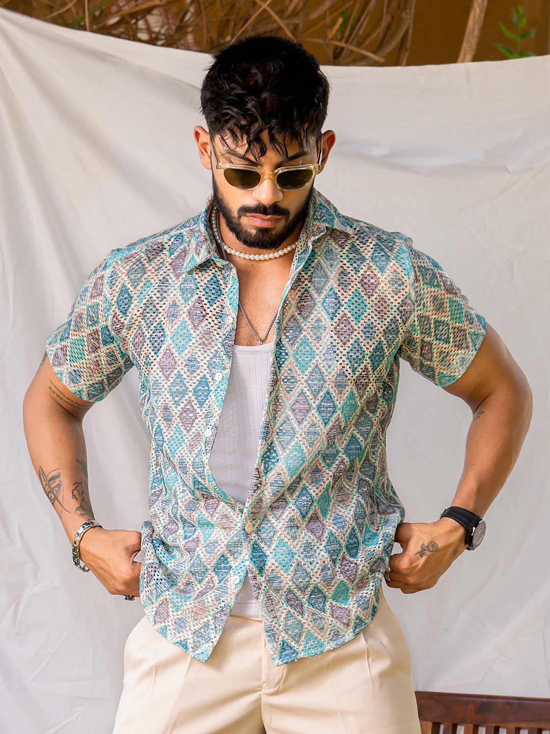 Blue Green Cross Print Half Sleeve Crochet Shirt