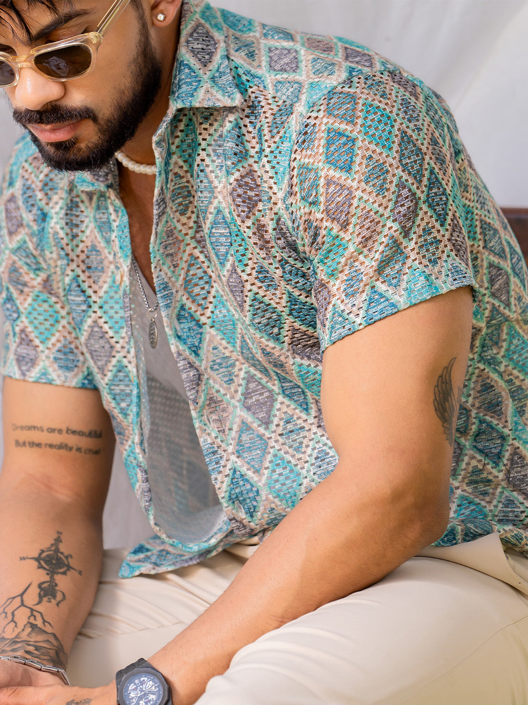 Blue Green Cross Print Half Sleeve Crochet Shirt