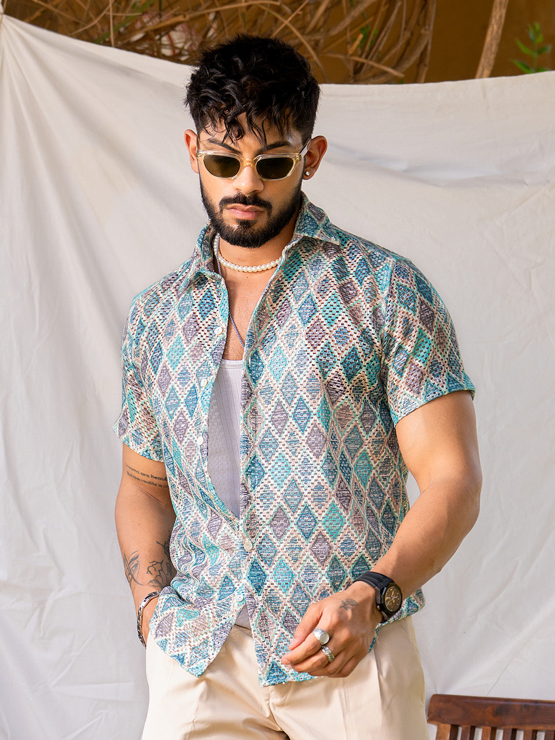 Blue Green Cross Print Half Sleeve Crochet Shirt