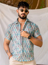 Blue Green Cross Print Half Sleeve Crochet Shirt