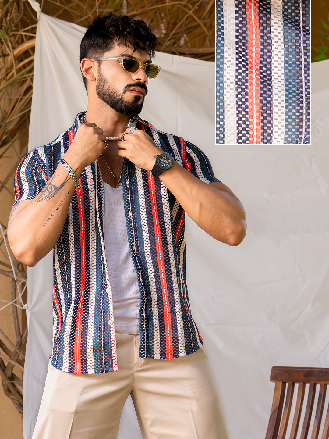 Multi Colour Vertical Lines Half Sleeve Crochet Shirt