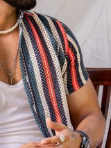 Multi Colour Vertical Lines Half Sleeve Crochet Shirt