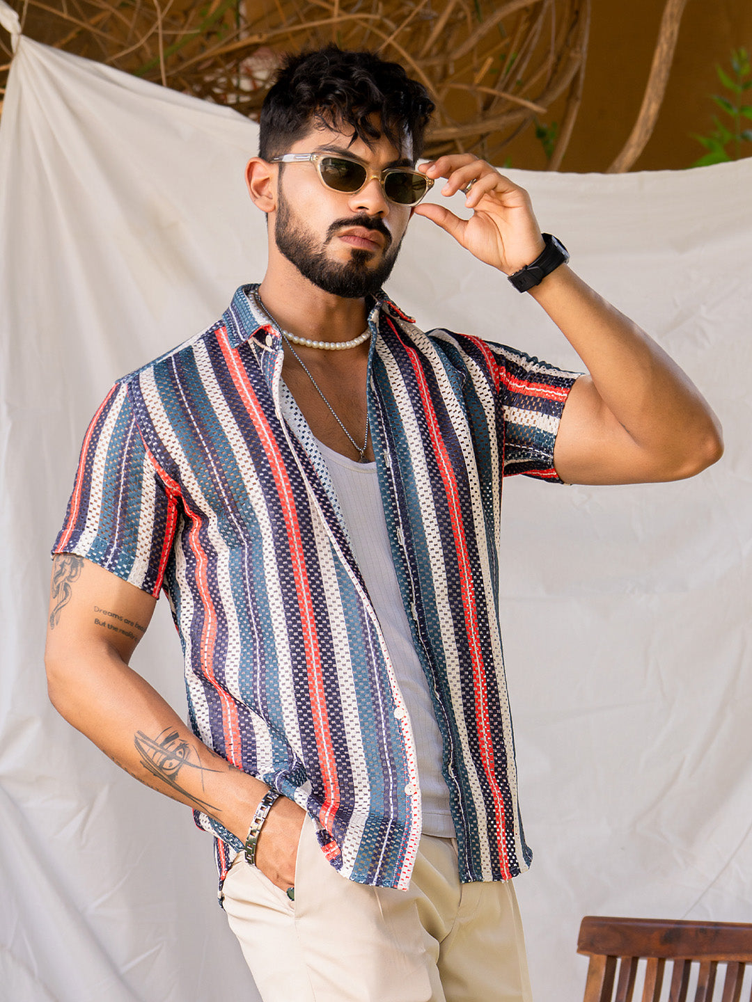 Multi Colour Vertical Lines Half Sleeve Crochet Shirt