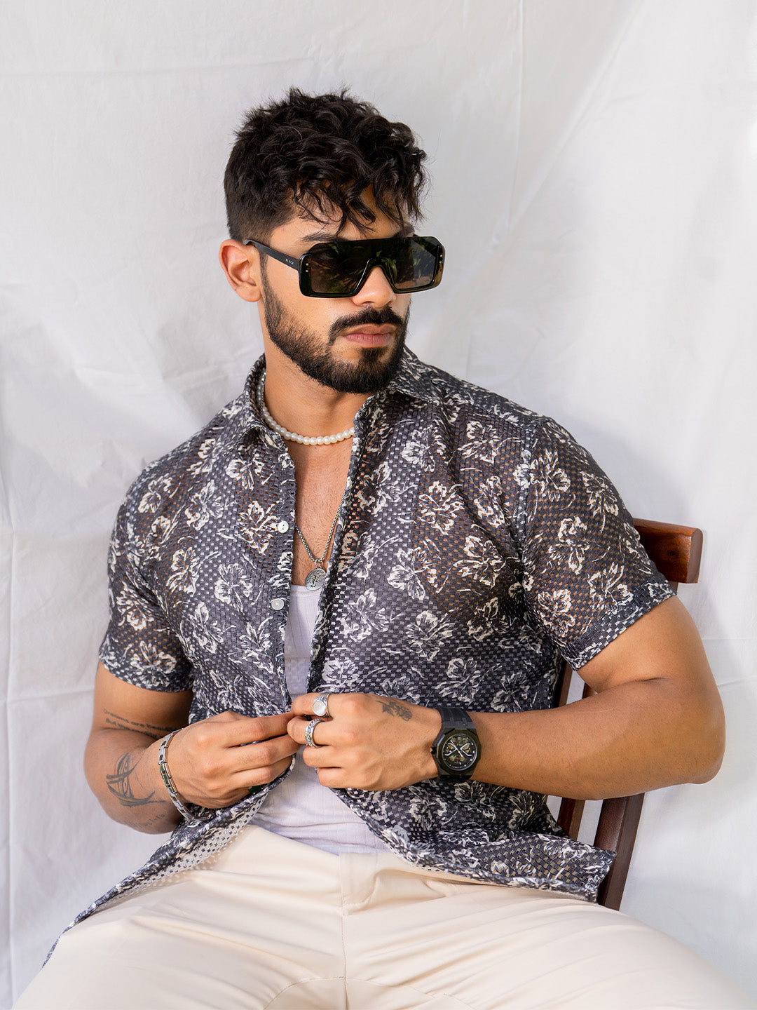 Black White Floral Print Half Sleeve Crochet Shirt