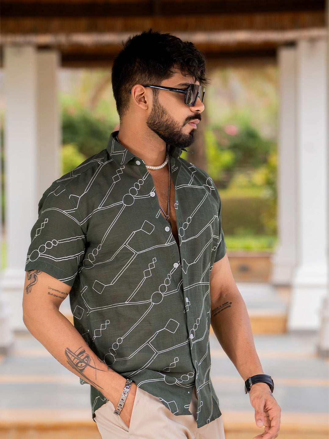 Dark Green  Abstract Embroidered Linen Blend Half Sleeve Shirt