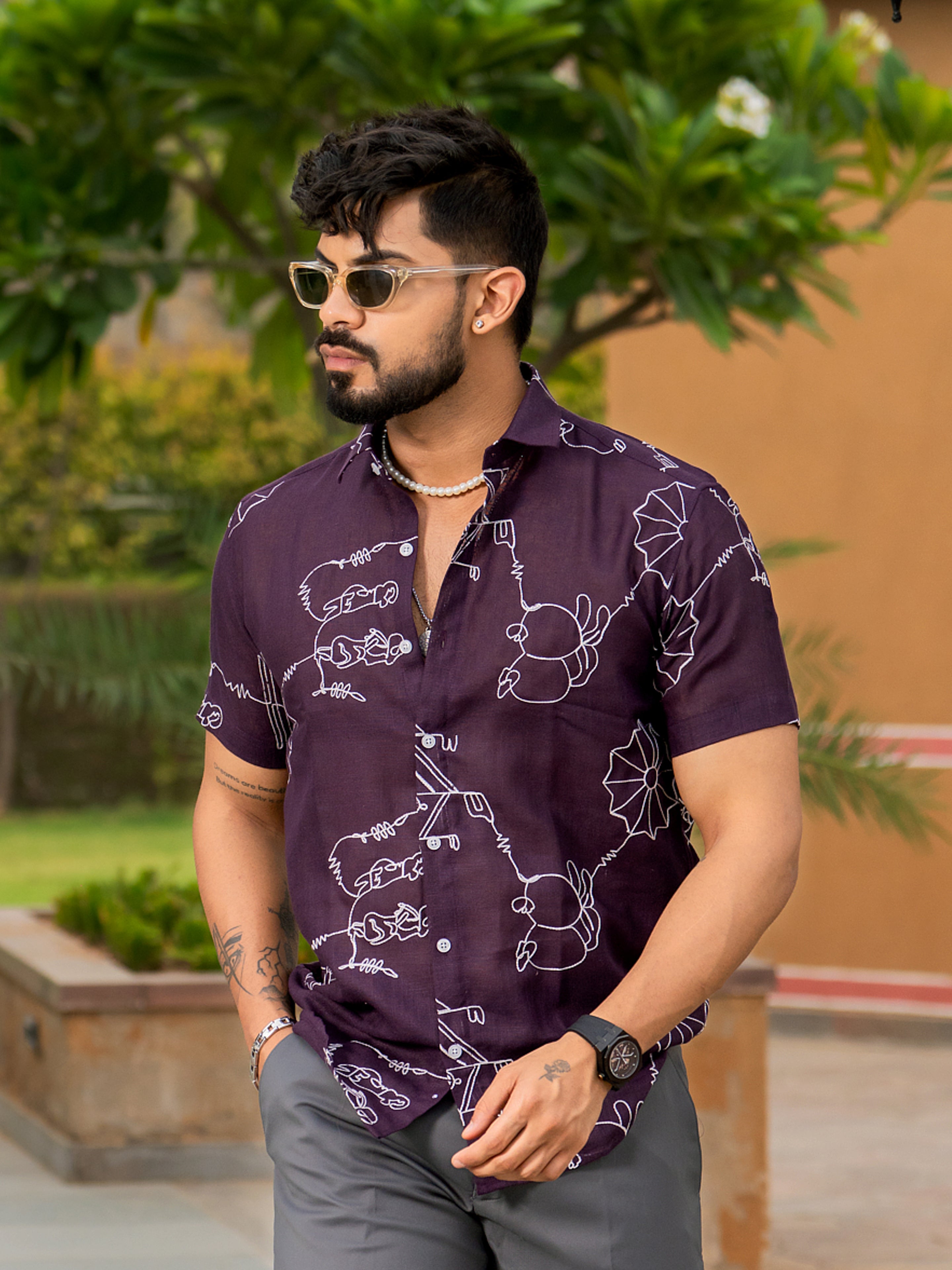 Wine  Abstract Embroidered  Linen Blend Half Sleeve Shirt