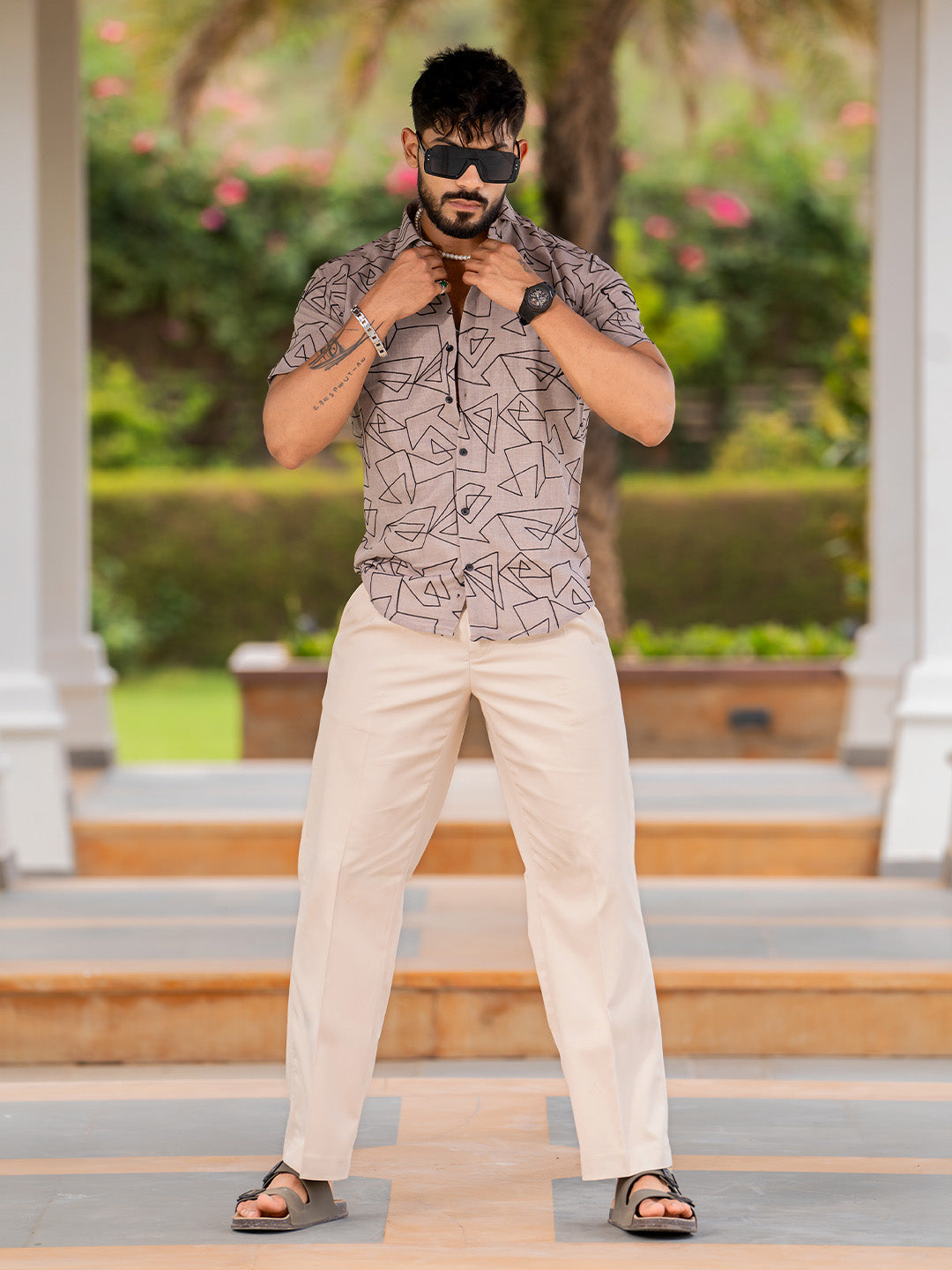 Light Brown Abstract Embroidered  Linen Blend Half Sleeve Shirt