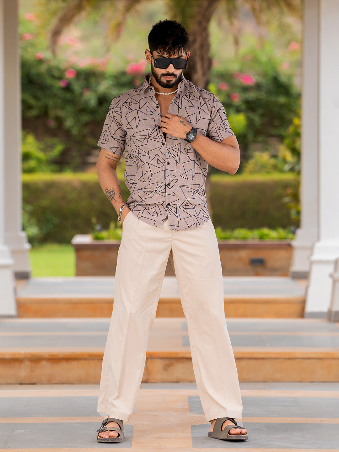 Light Brown Abstract Embroidered  Linen Blend Half Sleeve Shirt