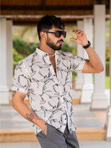 White Abstract Embroidered  Linen Blend Half Sleeve  Shirt