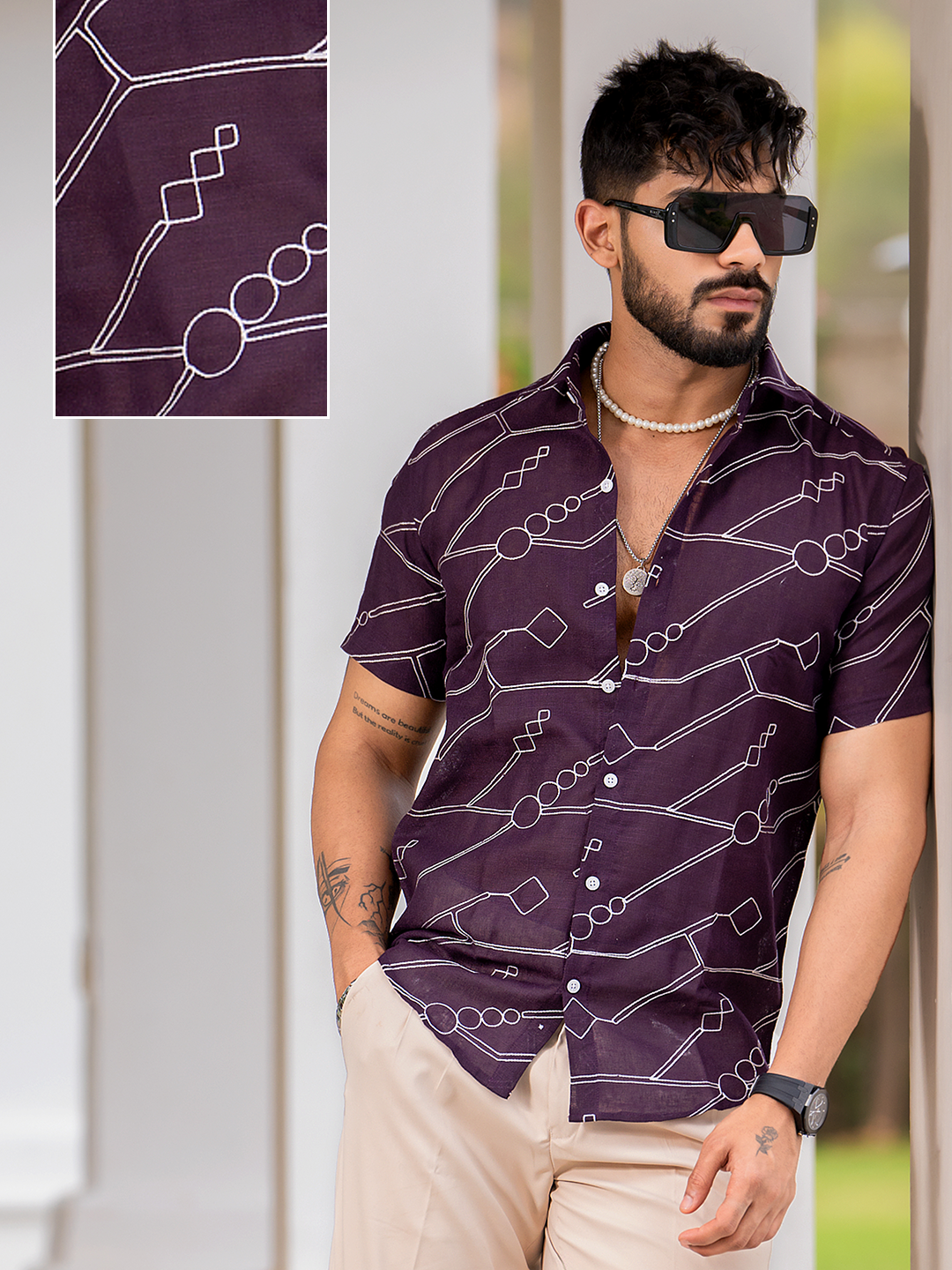 Wine Embroidered Linen Blend Half Sleeve Shirt