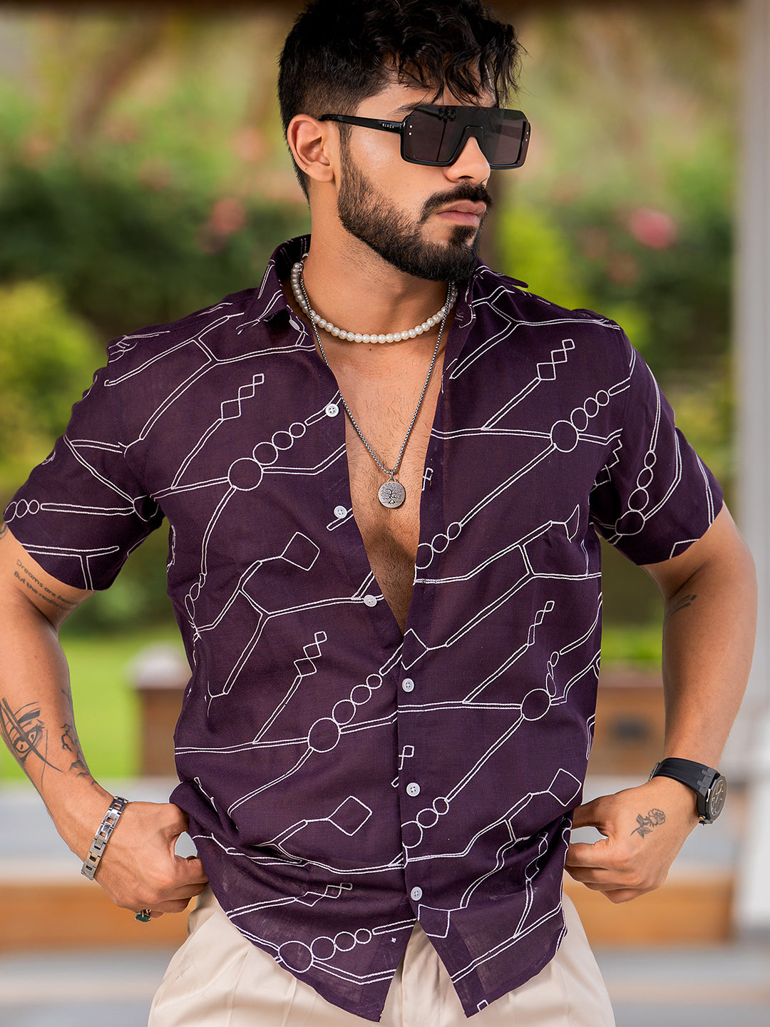 Wine Embroidered Linen Blend Half Sleeve Shirt