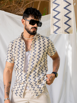 Blue White Zig Zag Half Sleeve Crochet Shirt