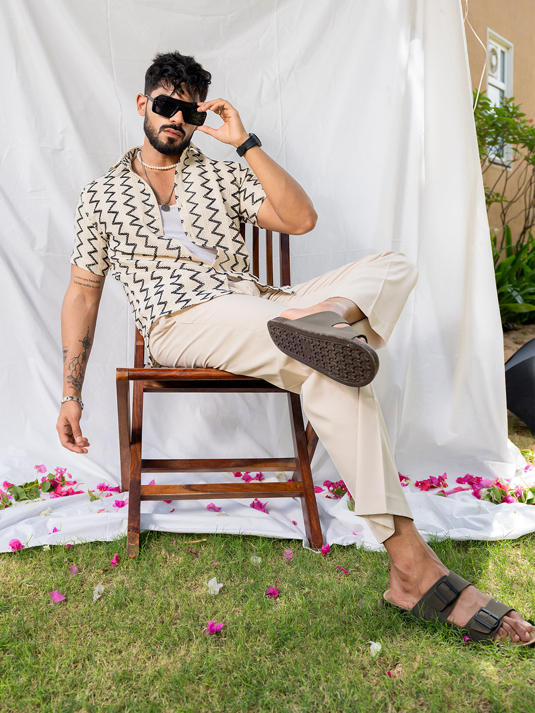 White Black Zig Zag Half Sleeve Crochet Shirt