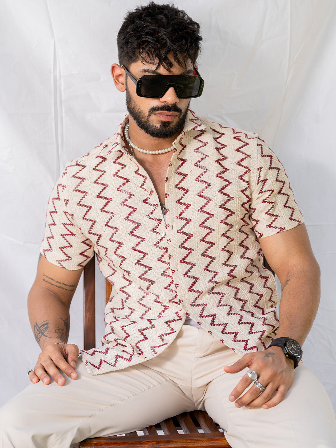 White Red Zig Zag Half Sleeve Crochet Shirt