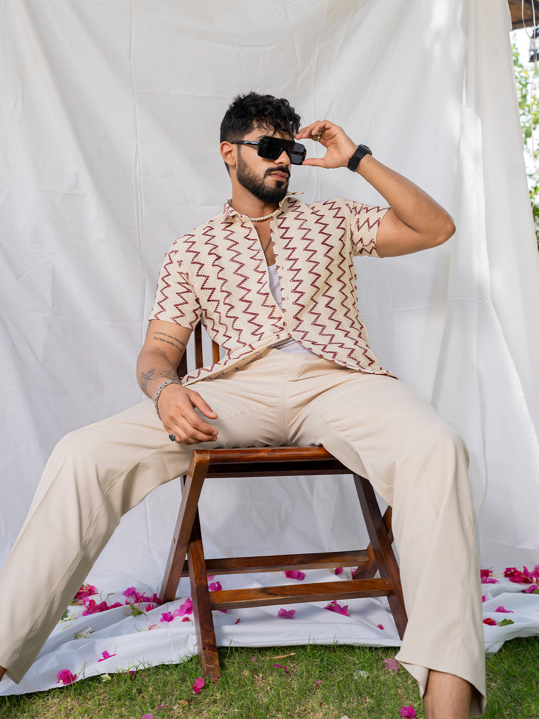 White Red Zig Zag Half Sleeve Crochet Shirt