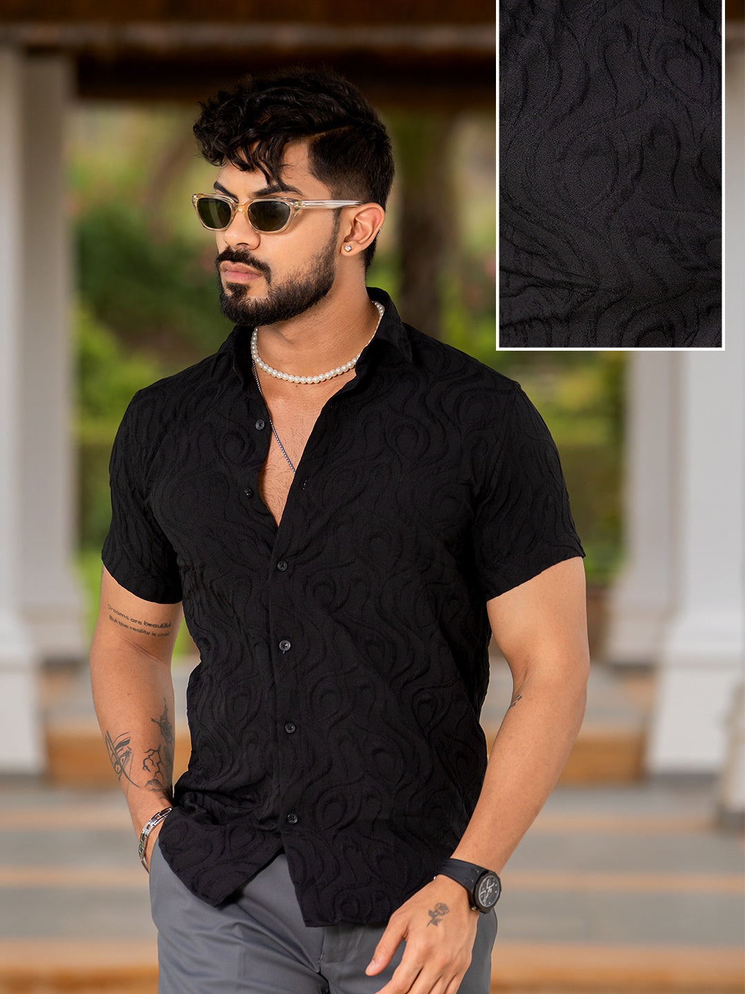 Black Jacquard Designer Embossed Half Sleeve Shirt