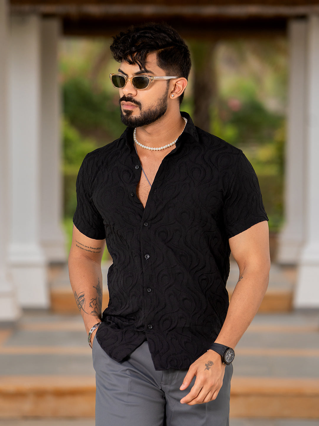 Black Jacquard Designer Embossed Half Sleeve Shirt