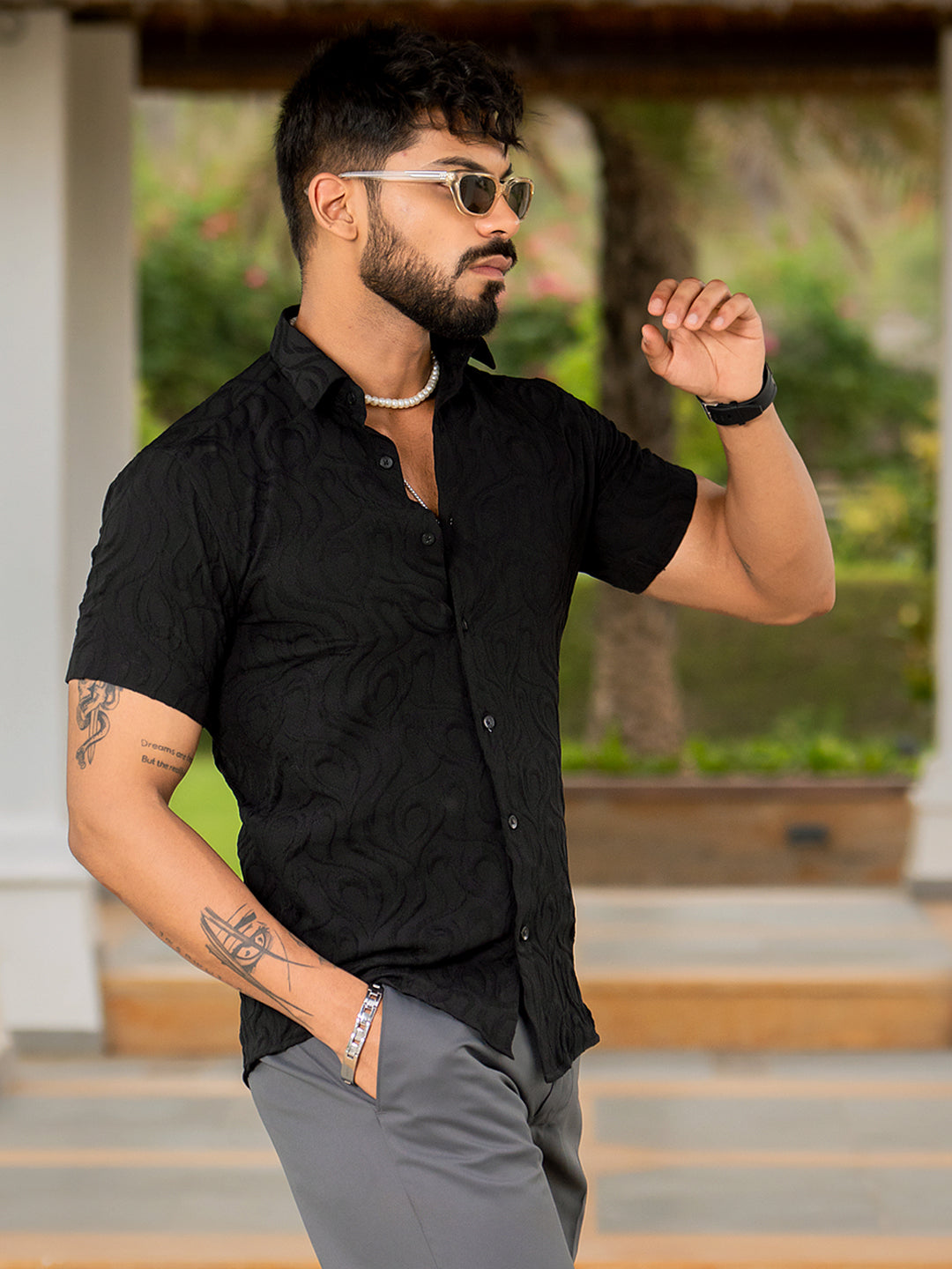 Black Jacquard Designer Embossed Half Sleeve Shirt