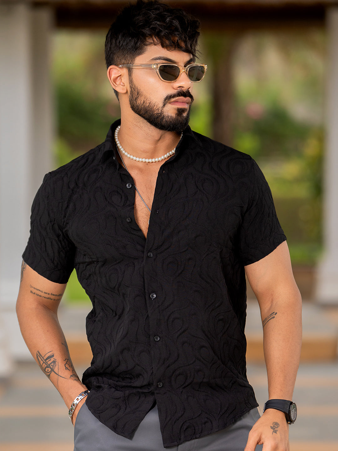 Black Jacquard Designer Embossed Half Sleeve Shirt