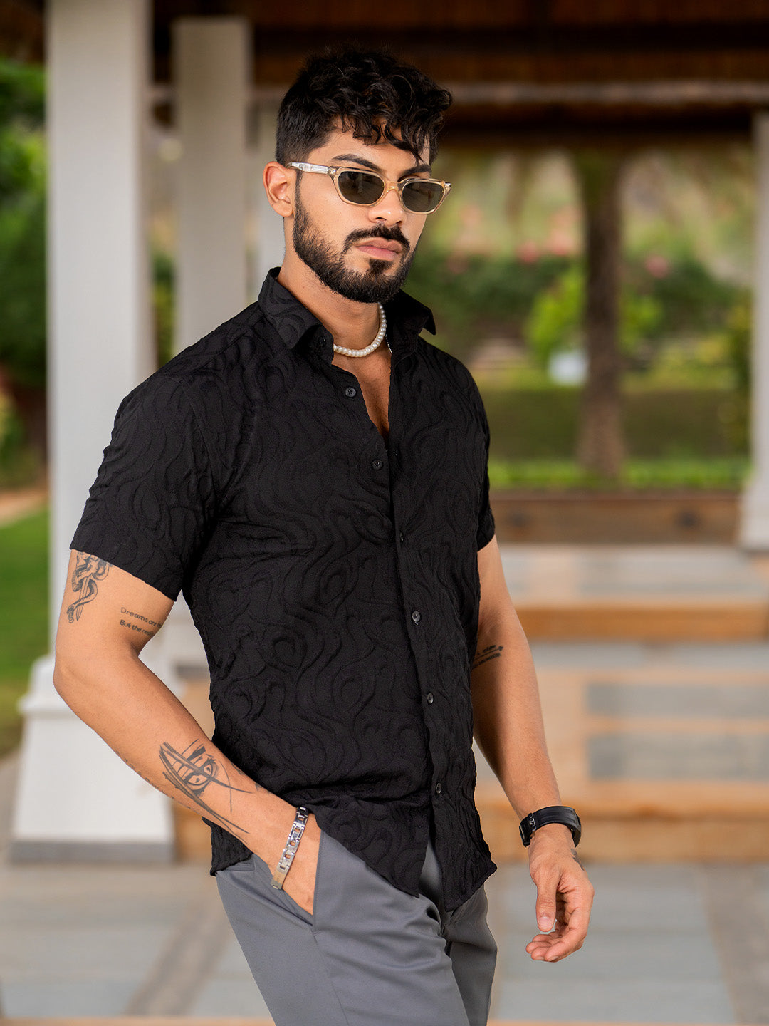 Black Jacquard Designer Embossed Half Sleeve Shirt