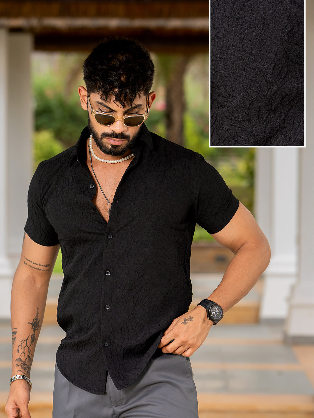 Black Jacquard Leaf Designer Embossed Half Sleeve Shirt