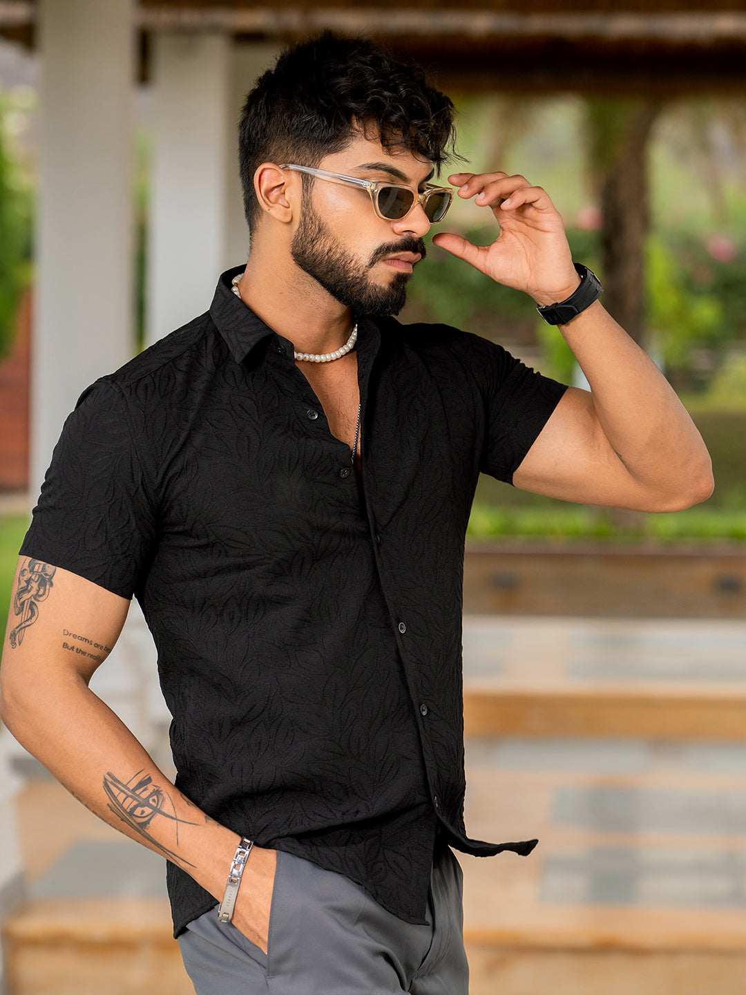 Black Jacquard Leaf Designer Embossed Half Sleeve Shirt