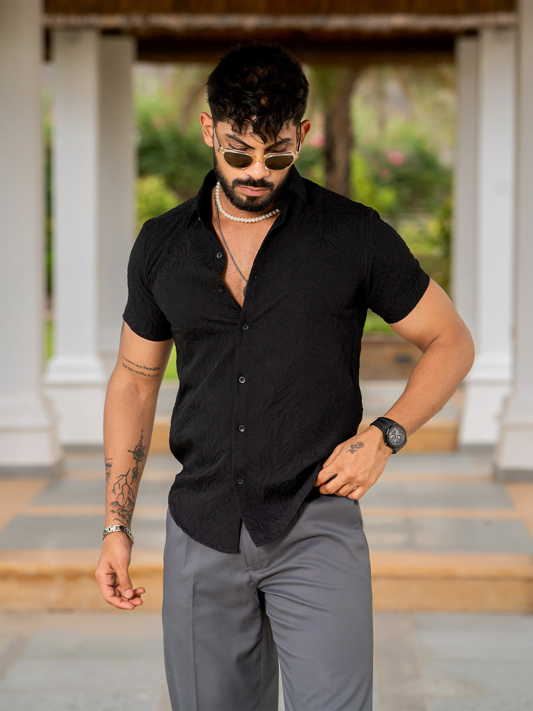 Black Jacquard Leaf Designer Embossed Half Sleeve Shirt