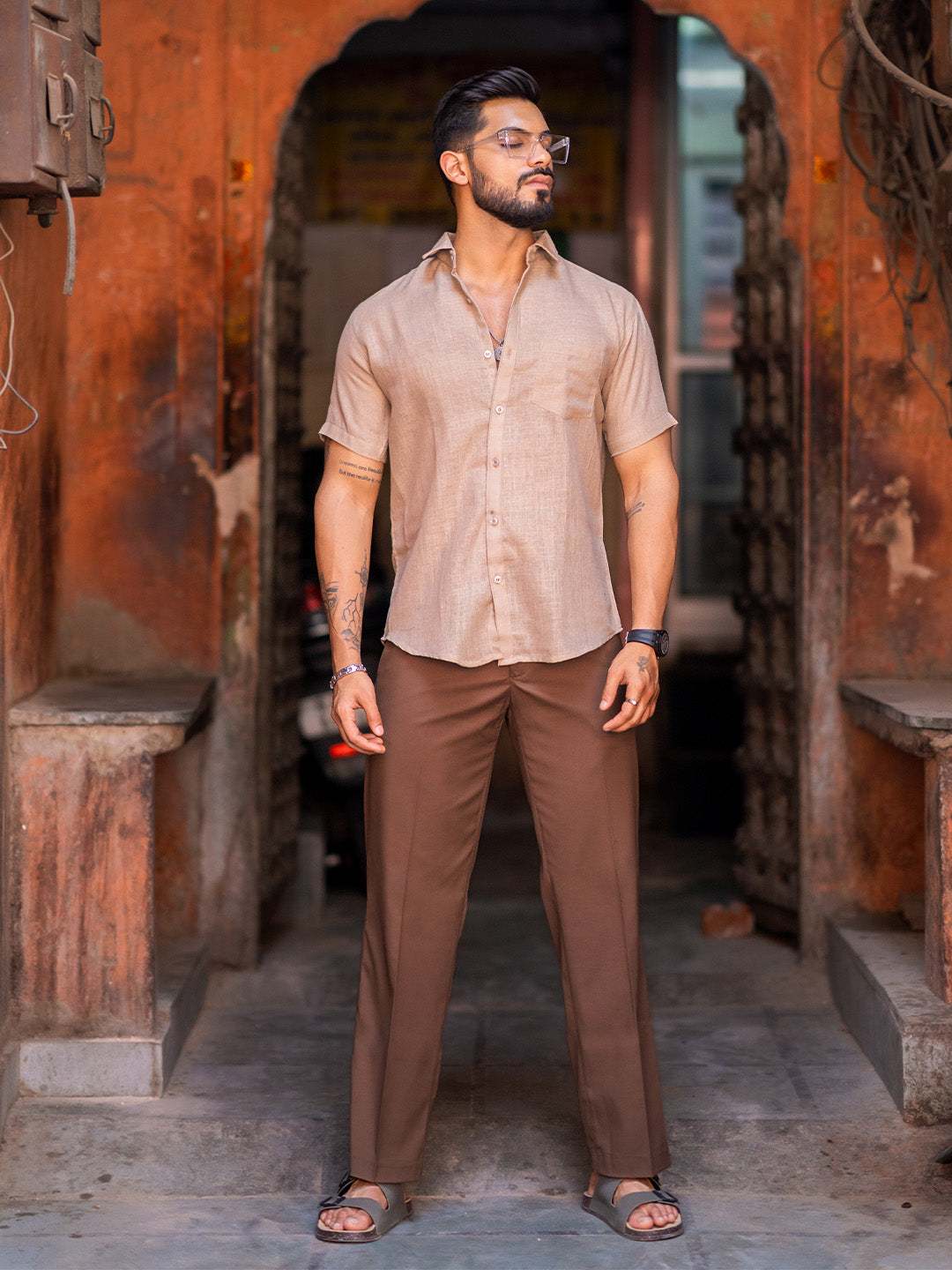 Classic Taupe Linen Half Sleeve Solid Shirt