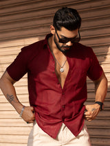 Maroon Linen Half Sleeve Solid Shirt