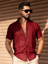 Maroon Linen Half Sleeve Solid Shirt