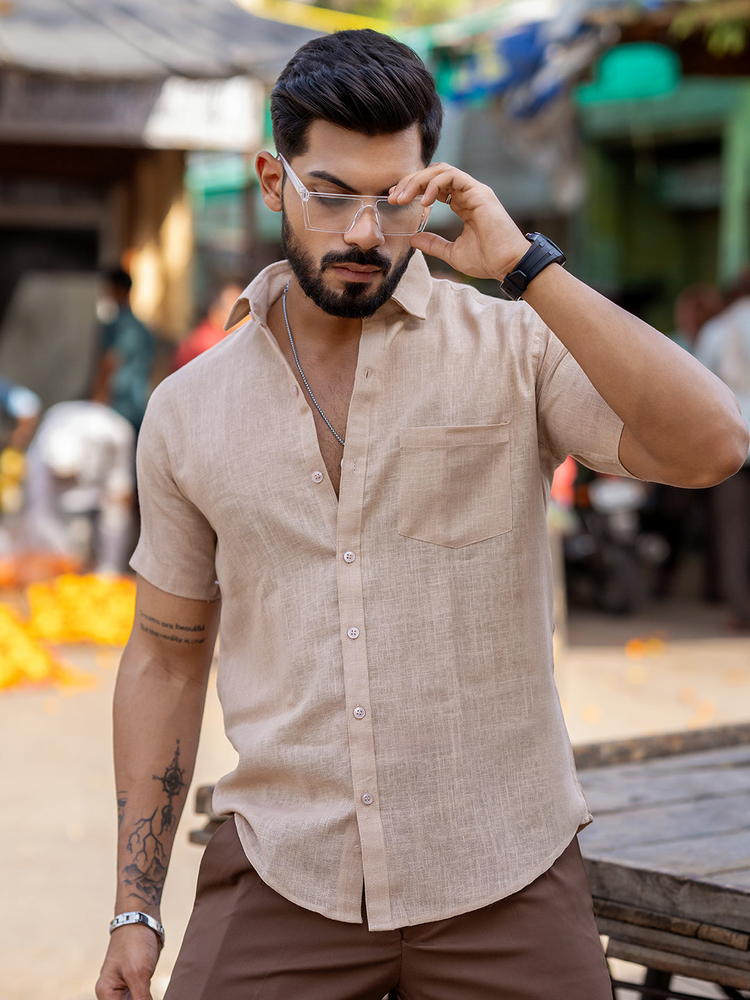 Pine Linen Half Sleeve Solid Shirt