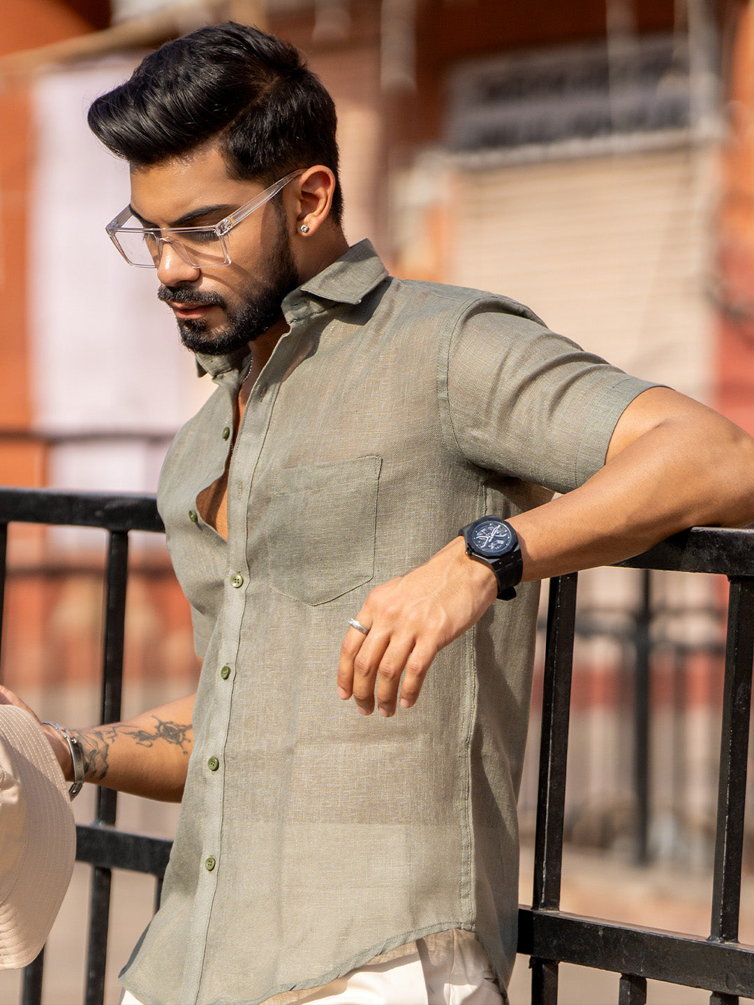 Sage Grey Linen Half Sleeve Solid Shirt