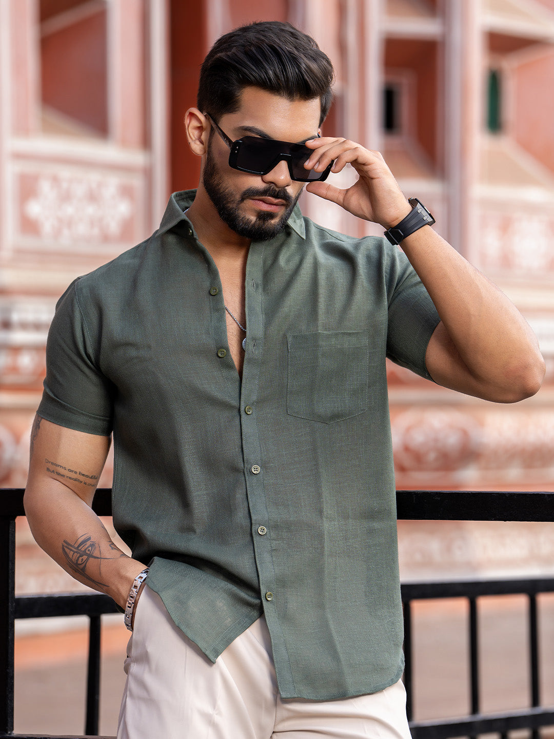 Bottle Green Linen Half Sleeve Solid Shirt