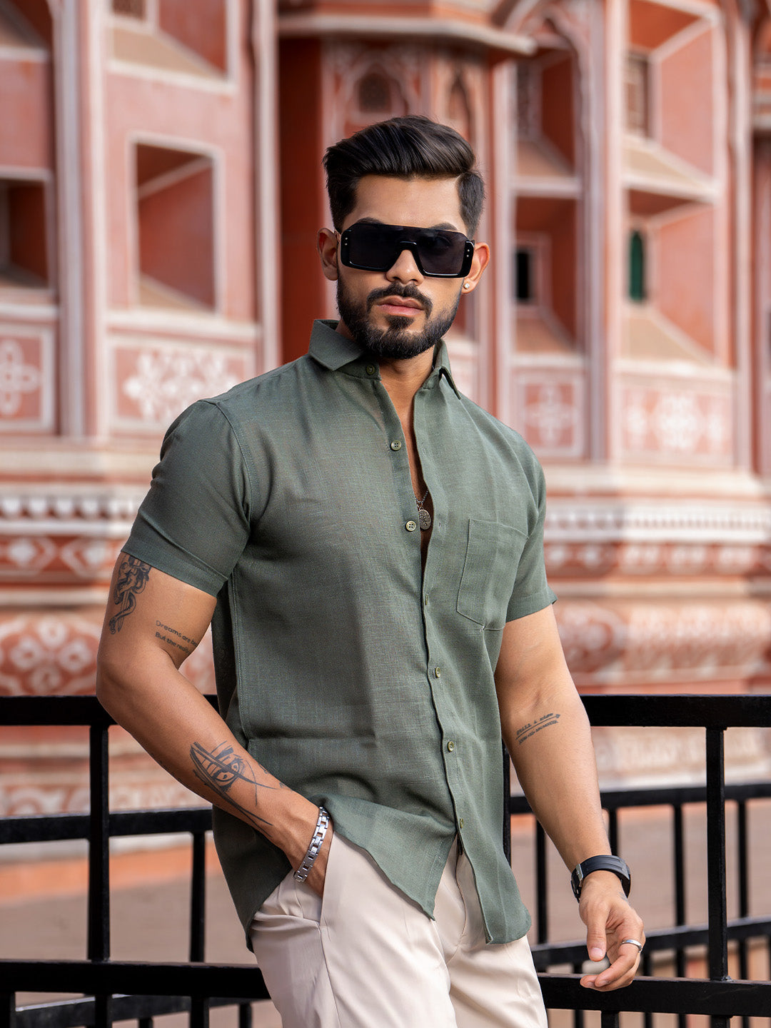 Bottle Green Linen Half Sleeve Solid Shirt