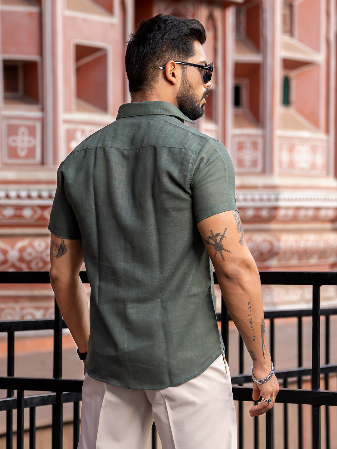 Bottle Green Linen Half Sleeve Solid Shirt