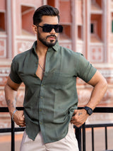 Bottle Green Linen Half Sleeve Solid Shirt