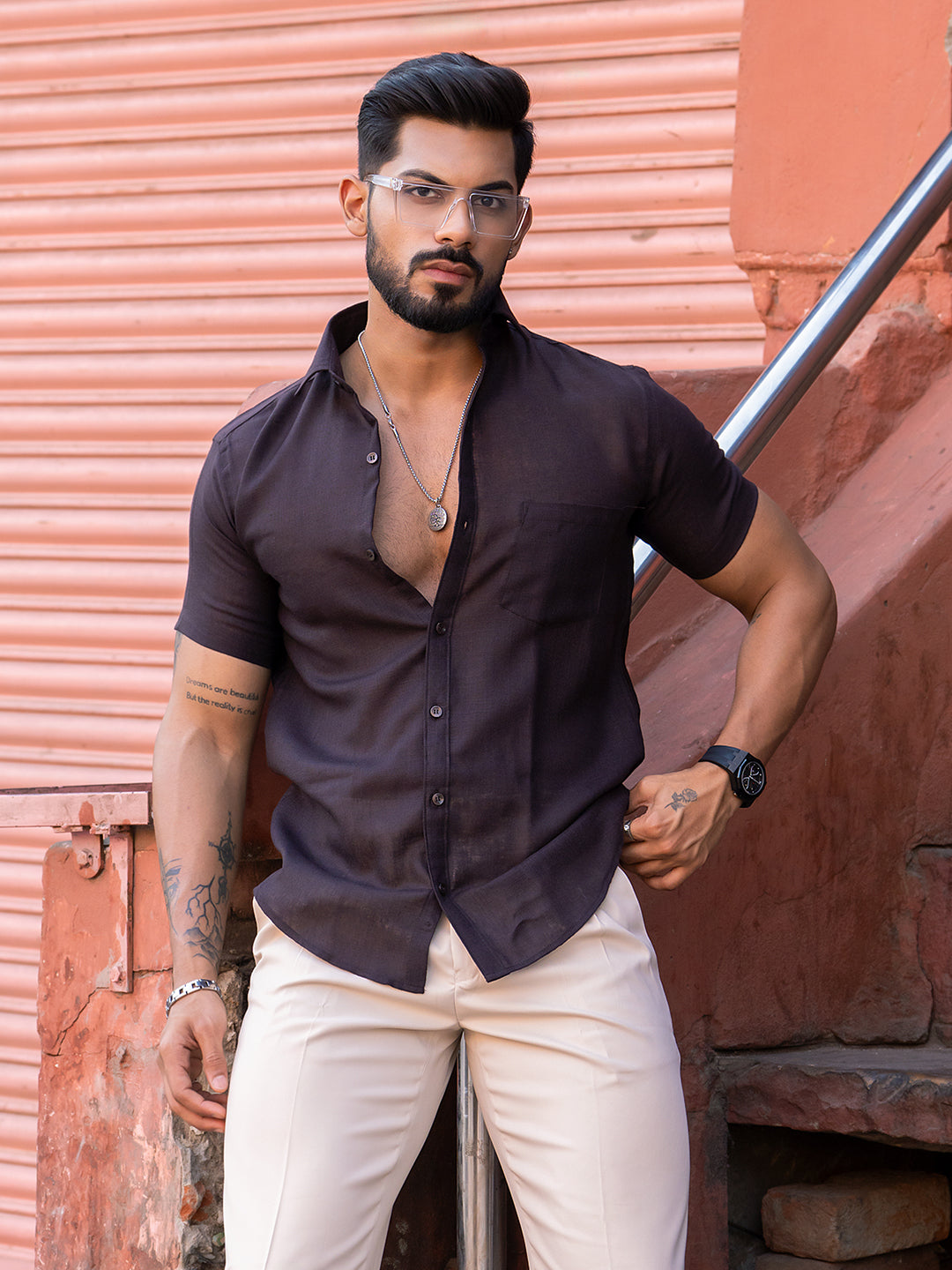 Umber Brown Linen Half Sleeve Solid Shirt