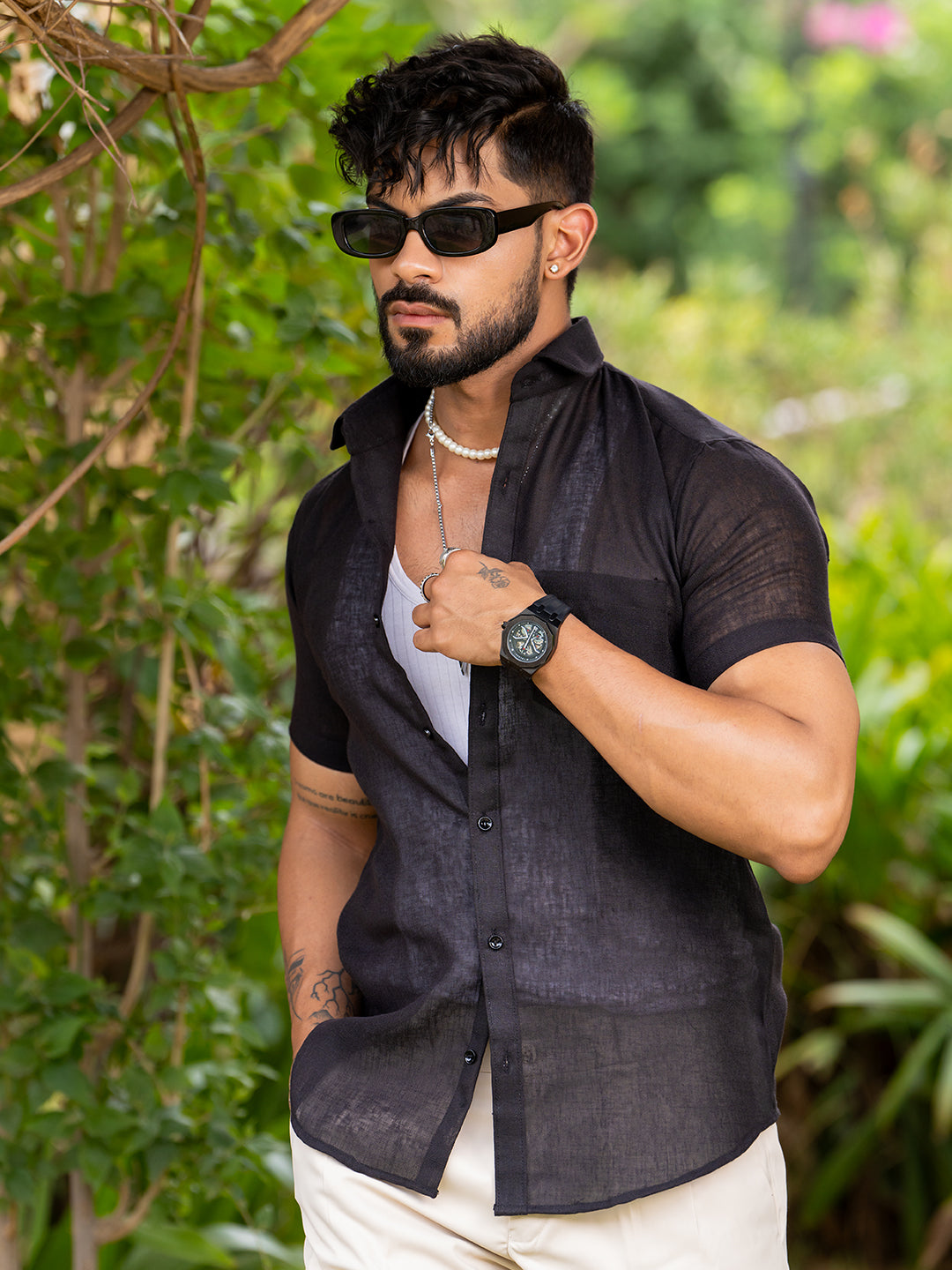 Black Linen Half Sleeve Solid Shirt