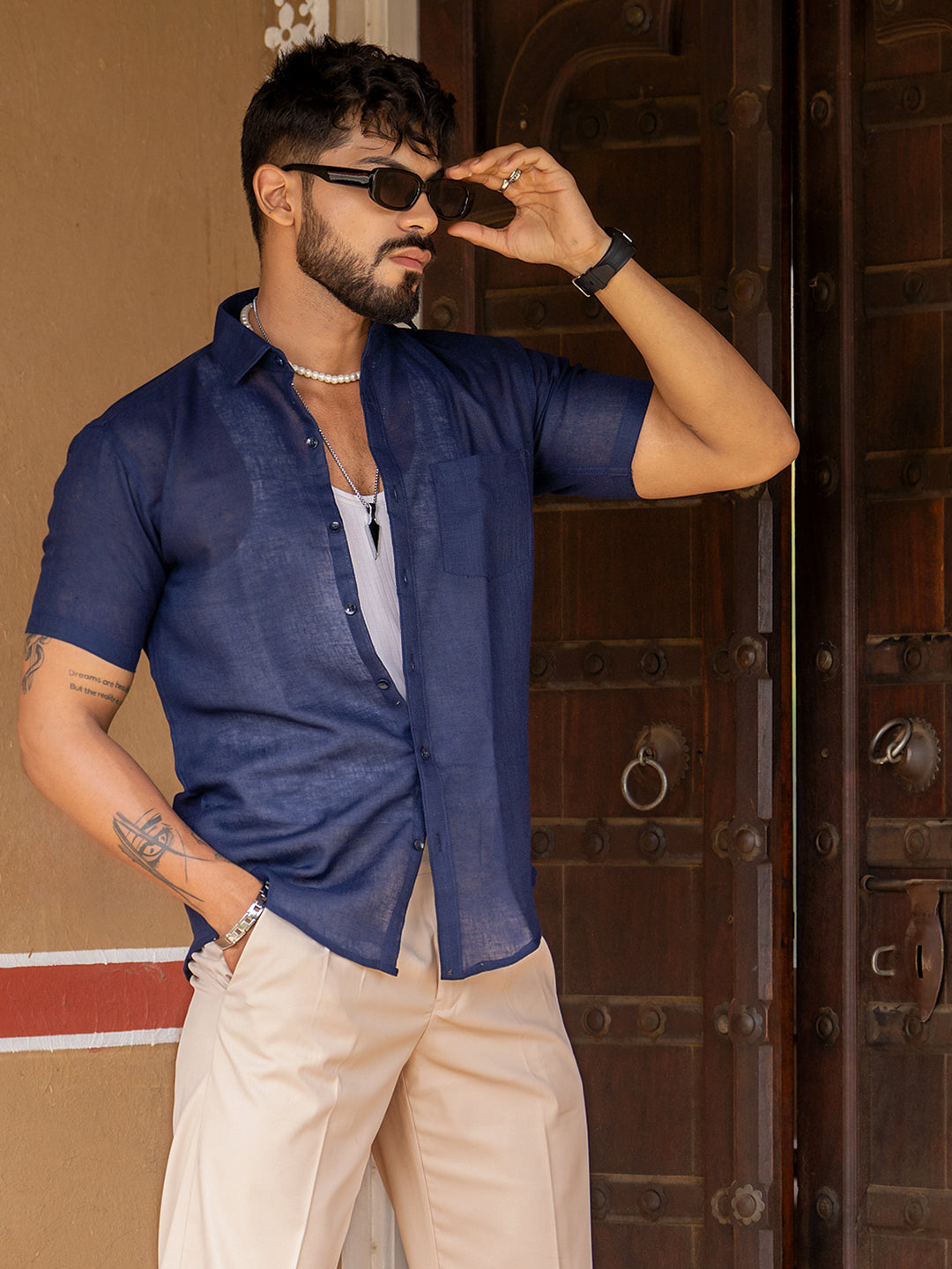 French Navy Blue Linen Half Sleeve Solid Shirt